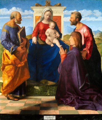 マドンナと子供がSSに即位。ピーターとポールとドナー、1505 作： Giovanni Bellini