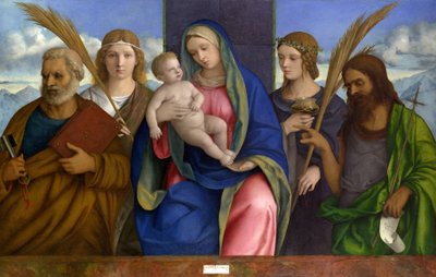 マドンナと聖人の子。 c.1500（テンペラと木の上の油） 作： Giovanni Bellini