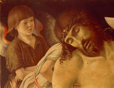 天使に支えられたピエタまたは死んだキリスト、1474年頃、ジョヴァンニ・ベッリーニ（1431-36 - 1516）作、パネルにテンペラ、91x131cm。 詳細。 作： Giovanni Bellini