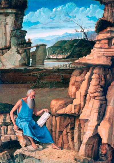 風景の中を読む聖ジェローム、c1480-1485 作： Giovanni Bellini