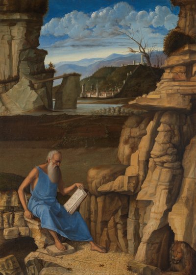 風景の中で読書する聖ジェローム 1480-5年頃 木・油彩 作： Giovanni Bellini
