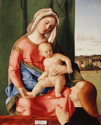 マドンナと子供と男性のドナー、向こうの風景、 作： Giovanni Bellini
