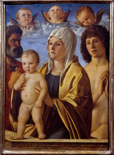 聖ペテロと聖セバスティアンの間の聖母子イエス 絵画 ジョヴァンニ・ベリーニ（イル・ジャンベリーノ）（1430-1516）の作品 16世紀 日。0,82x0,58 m - 聖ペテロと聖セバスティアンの間の聖母と幼子イエスジャンベッリーノと呼ばれるジョヴァンニ・ベッリーニの絵画 作： Giovanni Bellini