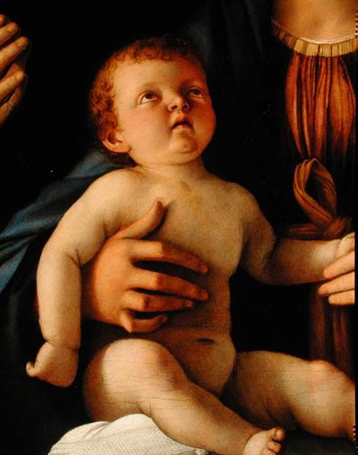 聖カタリナとマグダラのマリアを抱く聖母子像 1500年頃（パネルに油彩）（詳細） 作： Giovanni Bellini