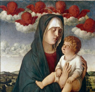 聖母と子供と天使詳細（パネルにテンペラ 作： Giovanni Bellini