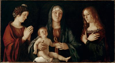 聖カタリナと聖マグダラのマリアを連れた子持ちの聖母（パネルにテンペラ 作： Giovanni Bellini