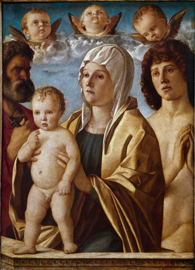 聖ペテロと聖セバスティアンと子供を連れた聖母（パネルにテンペラ 作： Giovanni Bellini