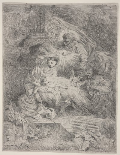 父なる神、聖霊の鳩、天使とのキリスト降誕、1645年頃（エッチング） 作： Giovanni Benedetto Castiglione