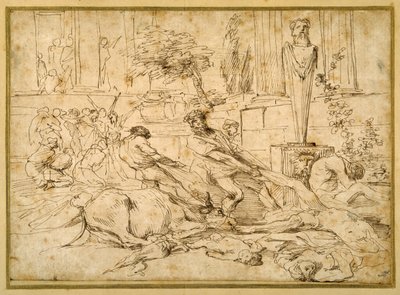 アシュドッドの疫病 (紙にペンとインク) 作： Giovanni Benedetto (1609 64) Castiglione