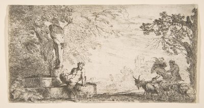プリアポスの像のふもとに横たわるサテュロス、右側のヤギ、およそ。 1645-48。 作： Giovanni Benedetto Castiglione