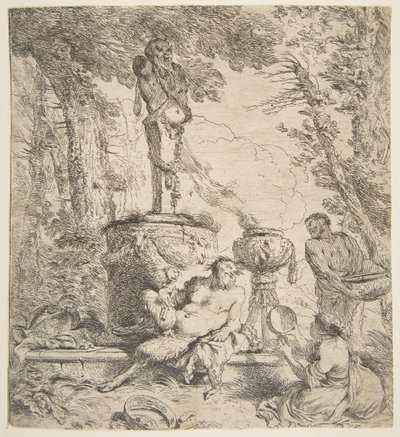 神々への祭壇の前のバッカナル、ca。 1645年。 作： Giovanni Benedetto Castiglione
