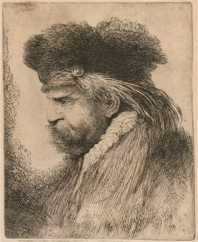 毛皮の帽子をかぶったひげを生やした男、左向き 作： Giovanni Benedetto Castiglione