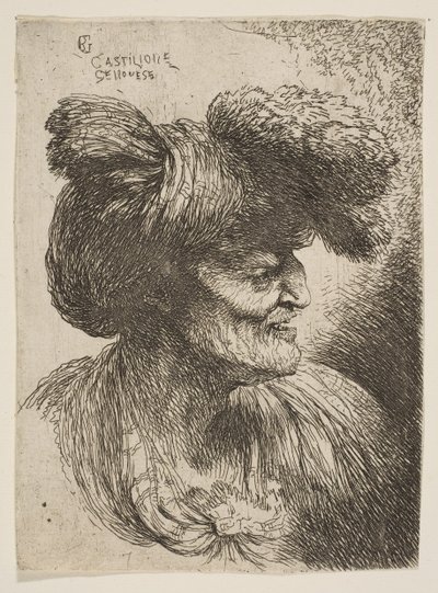 小さな頭のシリーズから、プロファイルが右向きのひげのない老人の胸像、ca。 1645-1650。 作： Giovanni Benedetto Castiglione
