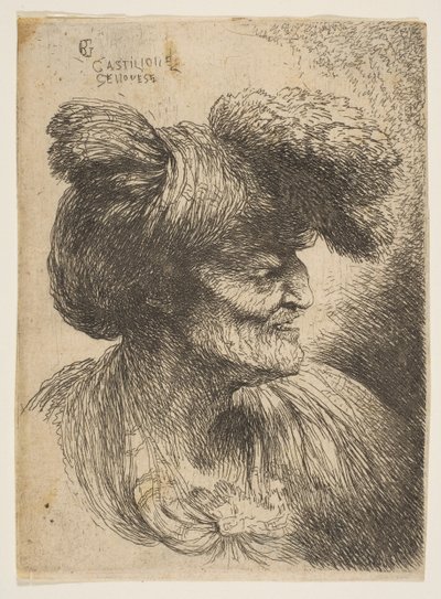 一連のスモールヘッド...から、右向きのひげのない老人の胸像。 1645-50。 作： Giovanni Benedetto Castiglione