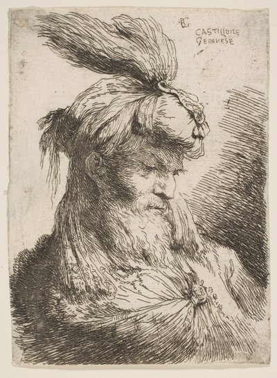 小さな頭のシリーズから、ターバンが右向きのひげを生やした男性の頭...、ca。 1645-1650。 作： Giovanni Benedetto Castiglione