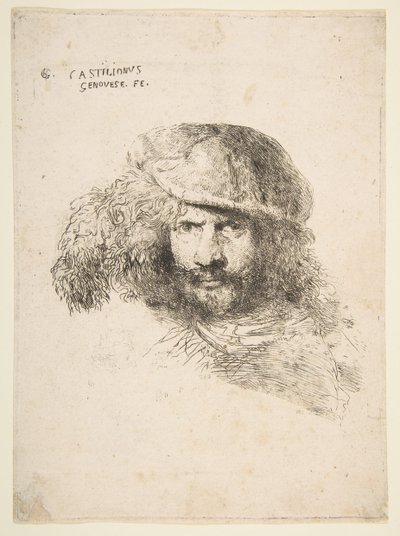 ベルニーニの羽毛の帽子をかぶった男の頭、おそらく自画像...、ca。 1645-1650。 作： Giovanni Benedetto Castiglione