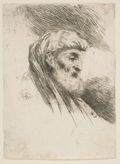 オリエンの小さな頭のシリーズから、右向きのひげを生やした老人の頭...、ca。 1645-1650。 作： Giovanni Benedetto Castiglione