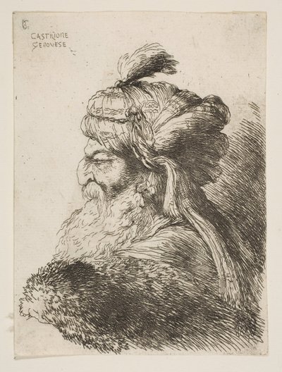 ...、ca。の一連のSmall Headsから、ターバンが左向きの老人の頭。 1645-1650。 作： Giovanni Benedetto Castiglione