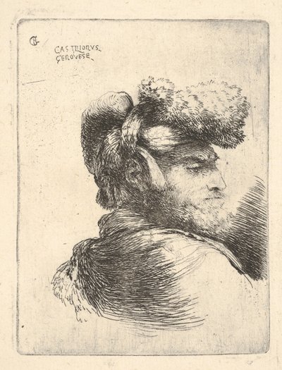 横向きの男性、毛皮の帽子をかぶった、Or ... 1645-1650。 作： Giovanni Benedetto Castiglione