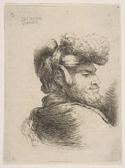 横顔の男、毛皮の帽子をかぶっており、Orieの一連のSmall Headsから、ca。 1645-50。 作： Giovanni Benedetto Castiglione