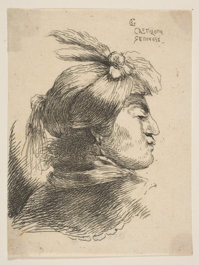 プルームとリボンで飾られた小さなターバンを身に着けている男。 1645-1650。 作： Giovanni Benedetto Castiglione