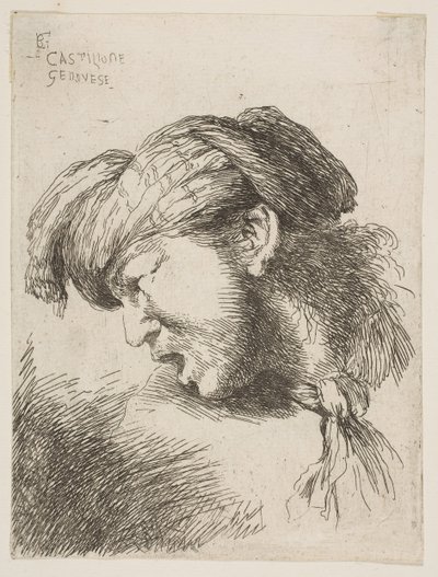 ターバン、ネクタイを首に留め、左を向いたネクタイを身に着けている男、シリーズ1645-1650。 作： Giovanni Benedetto Castiglione