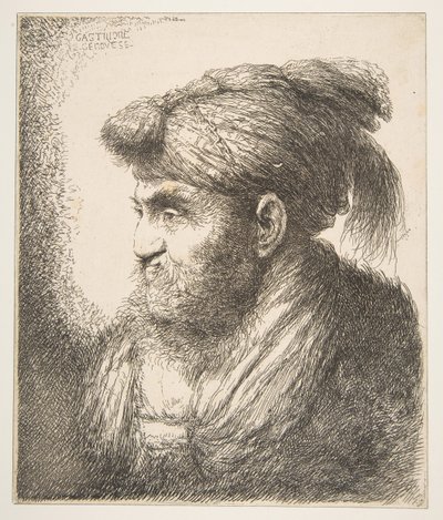 ラージオリエンタルヘッドのシリーズから、左向きのターバンを編む男。 1645-50。 作： Giovanni Benedetto Castiglione