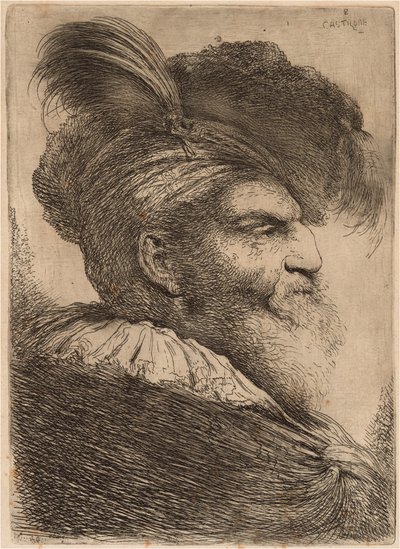 長いあごひげと頭飾りの男、右向き 作： Giovanni Benedetto Castiglione