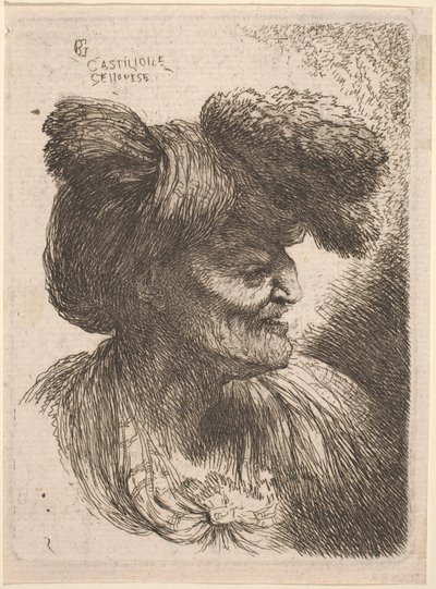 右向き毛皮ターバンの老人 作： Giovanni Benedetto Castiglione