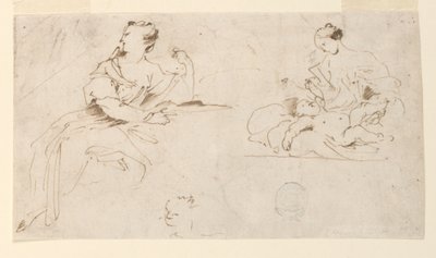 座っている女性と母と子 作： Giovanni Benedetto Castiglione
