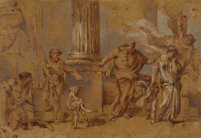 ハガルの追放、1640年頃（黄褐色の紙に赤茶色、青緑、白のオイルペイントとブラシ） 作： Giovanni Benedetto Castiglione