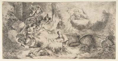 聖母子、右上の父なる神、左の天使、ca。 1647-50。 作： Giovanni Benedetto Castiglione