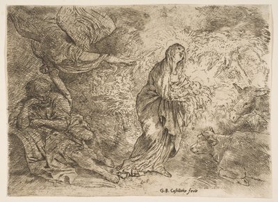 天使がジョセフをヴァージンアンドチャイルドの存在に目覚めさせた。 1645-49。 作： Giovanni Benedetto Castiglione
