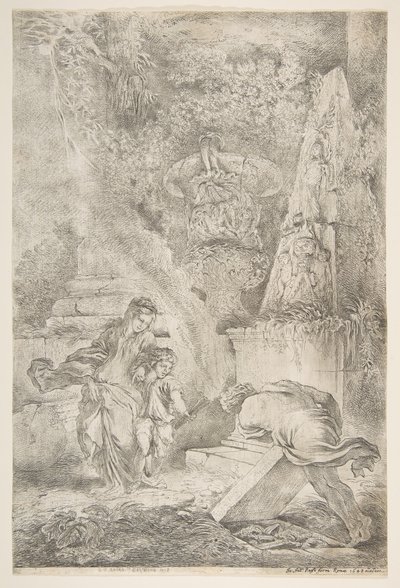 父の腕を見つけるテセウス、1645 年、1648 年に出版。 作： Giovanni Benedetto Castiglione