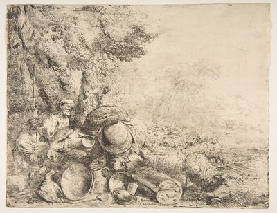 2つの羊飼い、ロバと風景の中の他の動物、ca。 1638-1640。 作： Giovanni Benedetto Castiglione