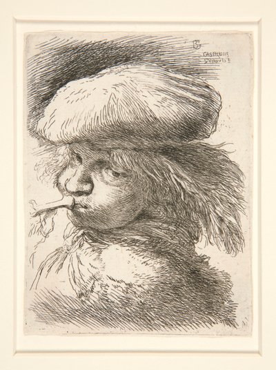 Les petites tetes d シリーズの若い男がトランペットを吹く 作： Giovanni Benedetto Castiglione