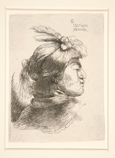 シリーズ Les petites tetes d から、横顔で見られるひげのない若い男が右を向いている 作： Giovanni Benedetto Castiglione