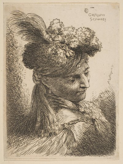 毛皮の頭飾りを身に着け、プルーム、宝石、... 1645-50。 作： Giovanni Benedetto Castiglione