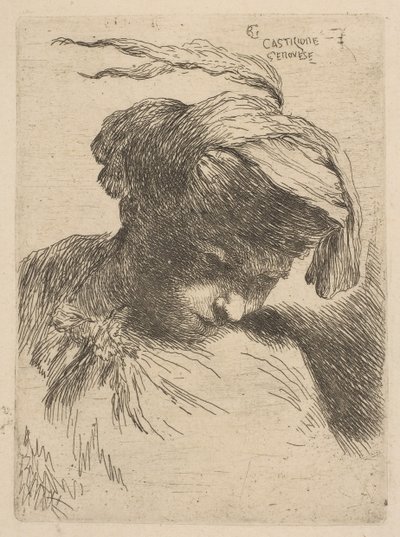 オリエンタルHeaddrの小さな頭のシリーズから右を見下ろしている若い男...、ca。 1645-50。 作： Giovanni Benedetto Castiglione