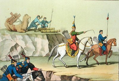 1820〜30年代に出版されたジュリオ・フェラリオ著「Le Costume Ancien et Moderne」の挿絵「前進する兵士の群れ」（カラーリトグラフ） 作： Giovanni Bigatti