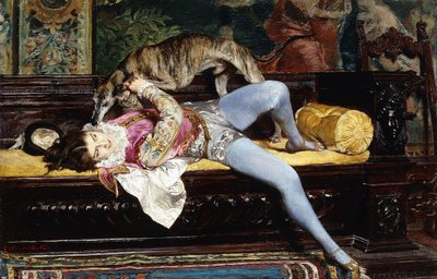 グレイハウンドと遊ぶ若いページ;若いページ、グレイハウンドで遊ぶ、1869 作： Giovanni Boldini