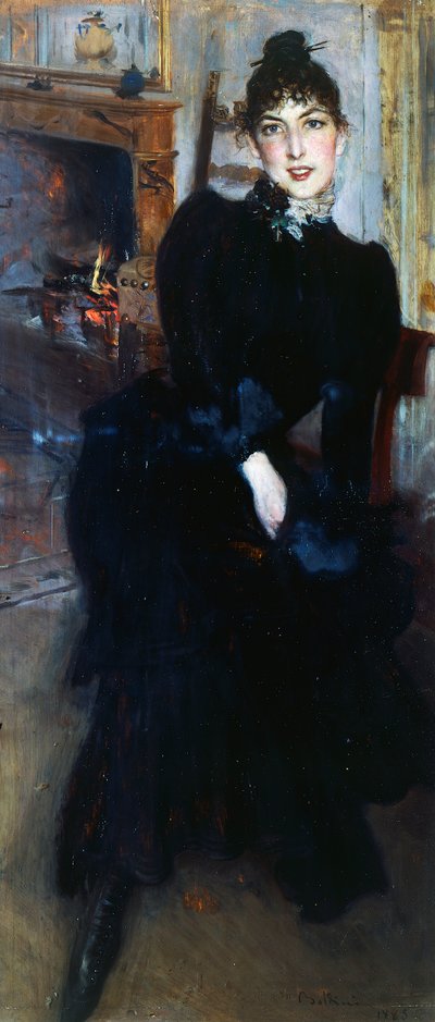 暖炉の前のアライデ・バンティ（油彩・パネル 作： Giovanni Boldini