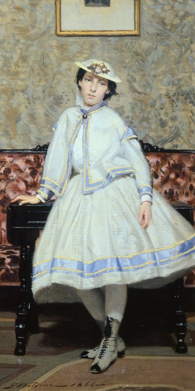 ジョヴァンニ・ボルディーニ（1842-1931）の「白衣のアライデ・バンティ」、油彩・キャンバス、42x23cm 作： Giovanni Boldini