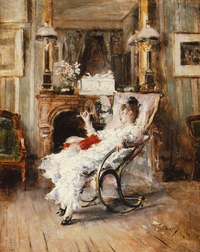 ファンを持つエレガントな女性、1874 作： Giovanni Boldini