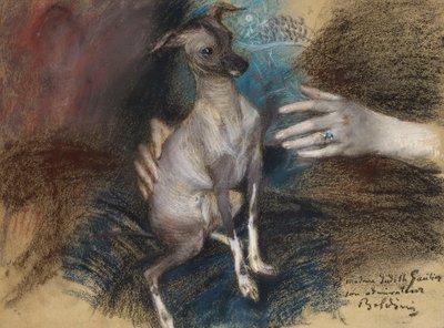 犬と一緒のエレガントな女性（紙にパステルと木炭） 作： Giovanni Boldini