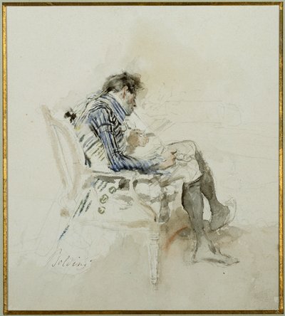 本を読んでパイプを吸う肘掛け椅子に座っている紳士 作： Giovanni Boldini