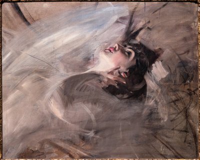 横になっている若い女性の半分の長さ 作： Giovanni Boldini