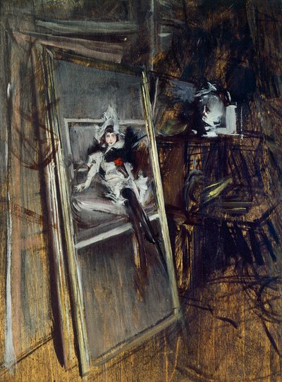 ジョバンニ・ボルディーニ（1842-1931）の「エラズリズの少女」を描いた画家のアトリエ内 作： Giovanni Boldini