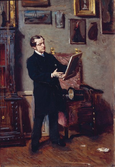 イタリア、フィレンツェ、絵を見ている若い男性 作： Giovanni Boldini