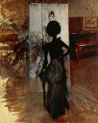 ジョヴァンニ・ボルディーニ（1842-1931）の「白いパステル」に向き合う画家のアトリエの女性 作： Giovanni Boldini